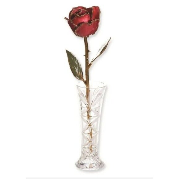 24k Gold Trim Red Rose & Small Bud Vase Set Lacquer Dipped - Picture 2 of 9